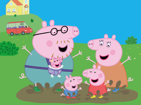 A graphic of Peppa Pig and her family splashing in a muddy puddle.